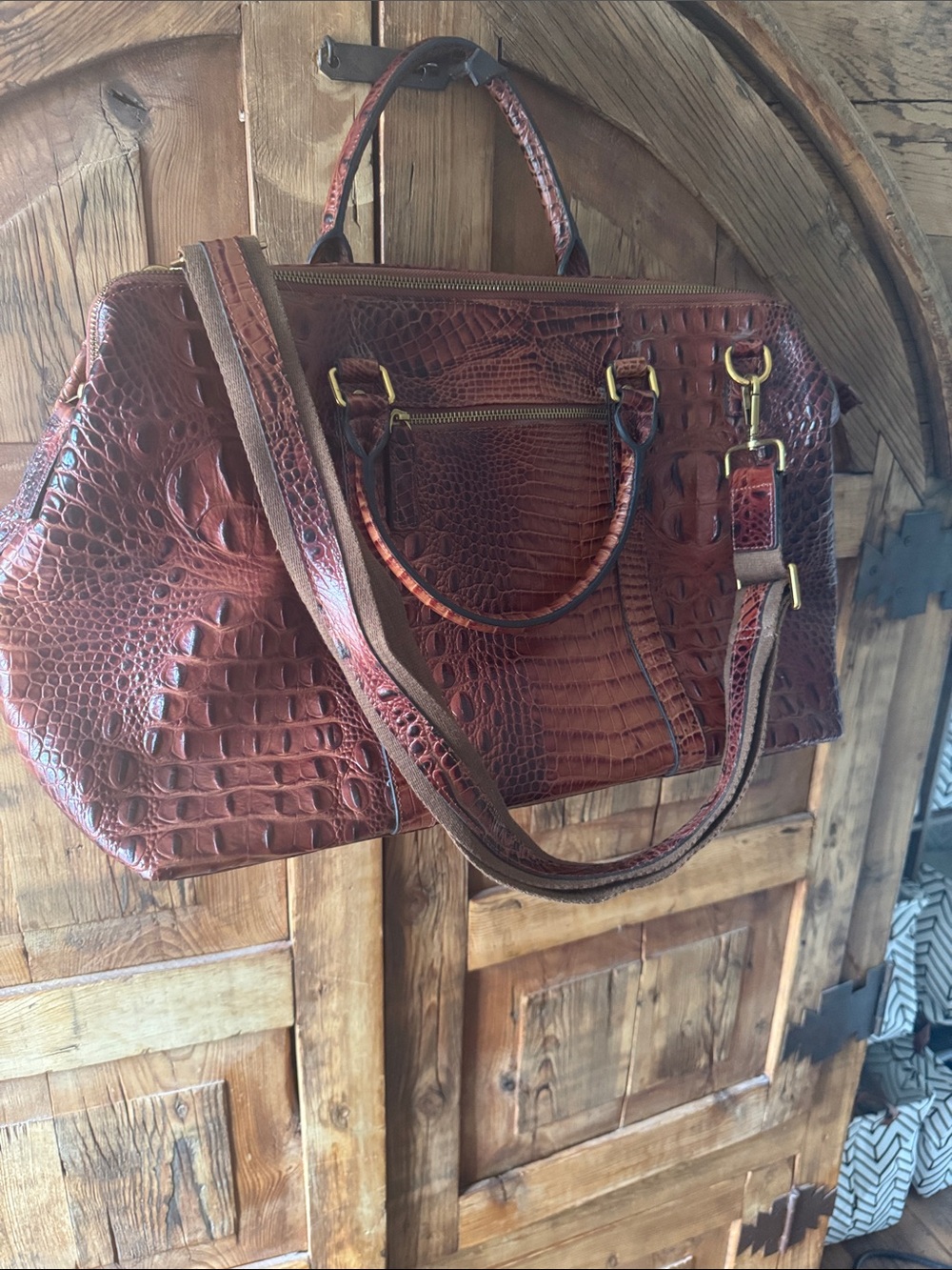 Leather Croc-Embossed Satchel Bag in Brown